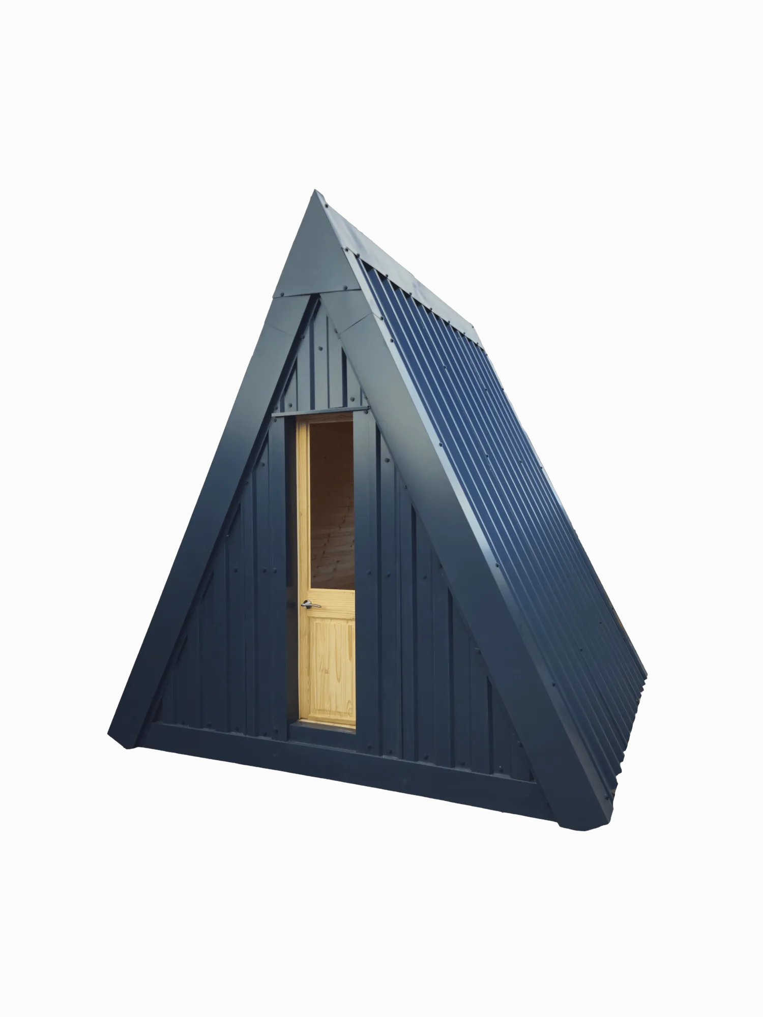 Steel A-frame cabin prototype outside the Manchester factory