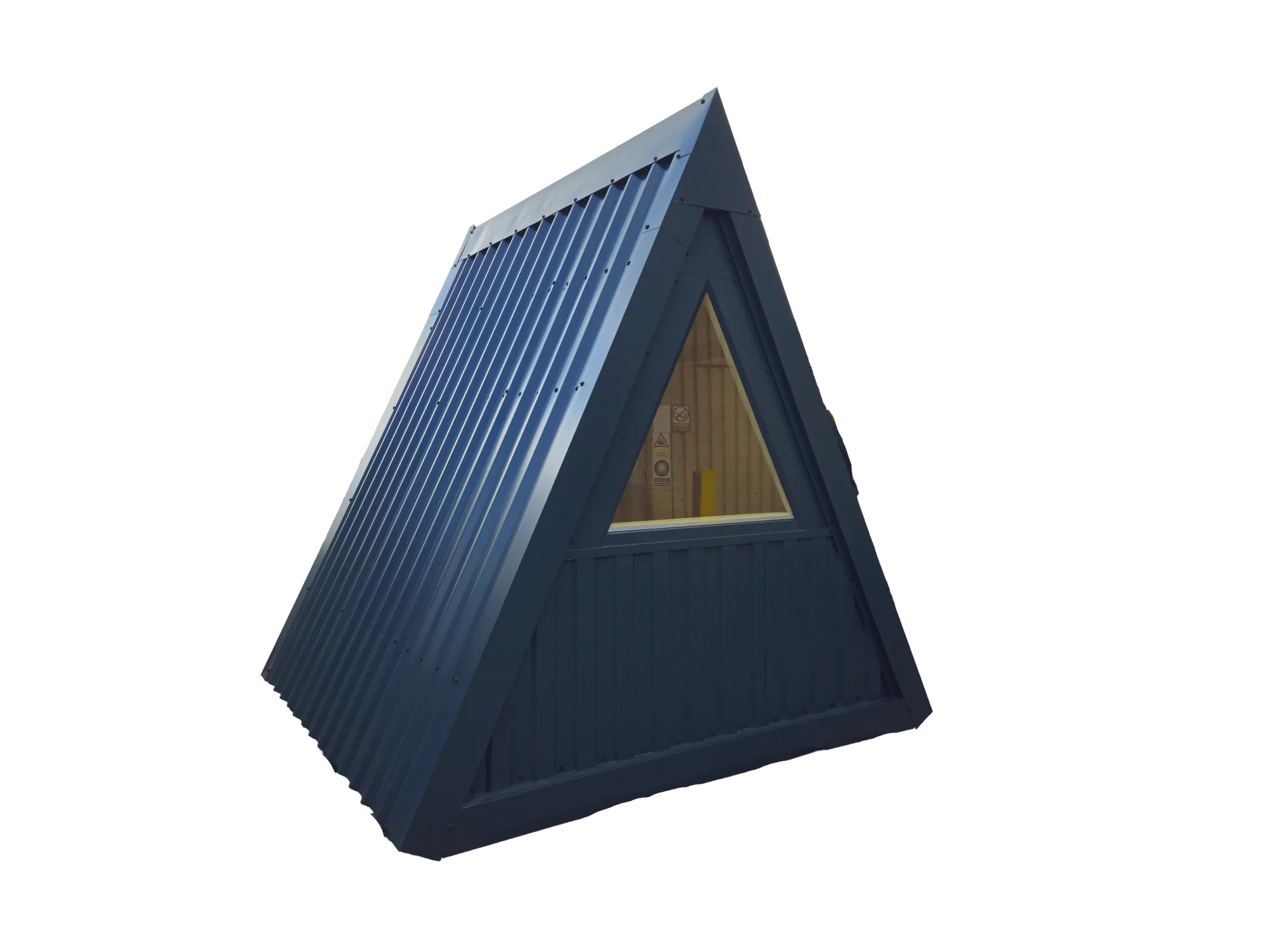 Front view of the steel A-frame cabin with glazed gable